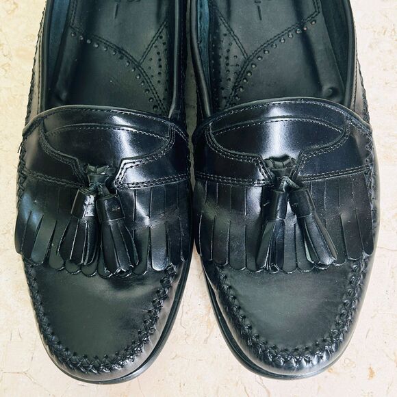 Bass Lowell Shoes Mens 10.5 Black Leather Loafers Kiltie Tassel Hand Stitched - Picture 3 of 10